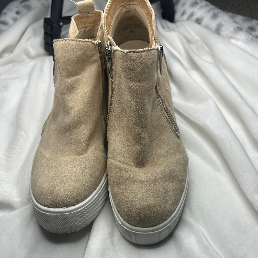Tan Suede Ankle Boots with White Soles wedges